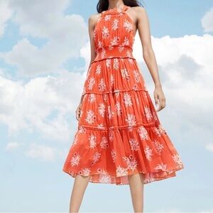 Rebecca Taylor La Vie Catrine Voile Orange Floral Halter Midi Cotton Dress